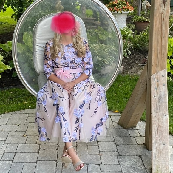 Embroidered Garden Party Outdoor Wedding Bridesmaid Floral Midi Tea Length Dress - Picture 8 of 16